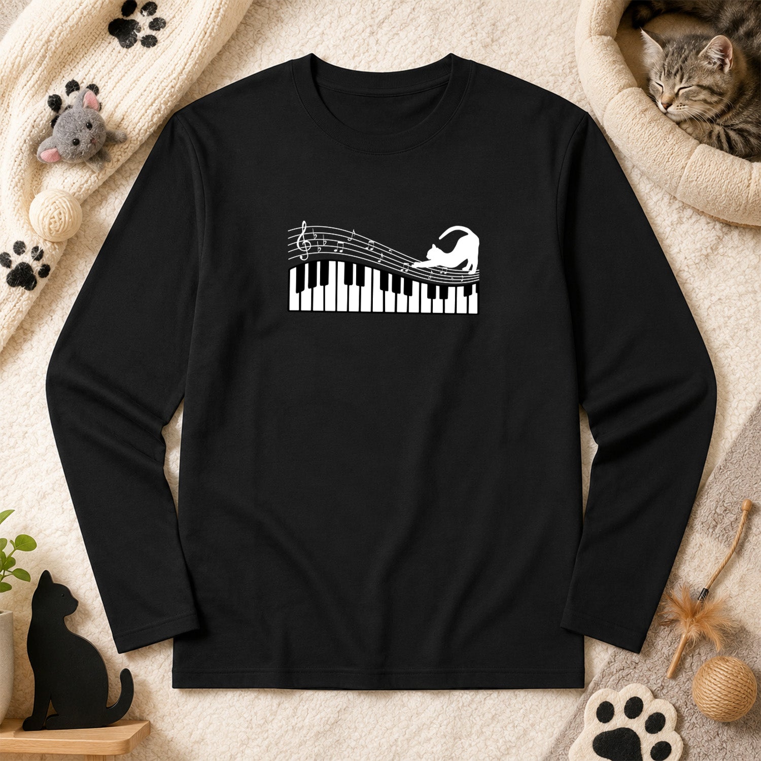 猫 長袖Tシャツ|ピアノ猫イラスト|ねこ ロンT メンズ レディース S-2XL